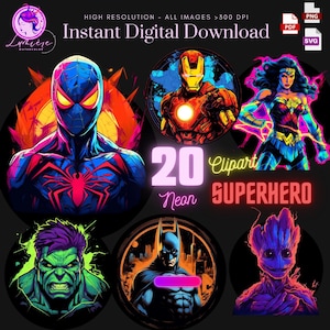 Superheroes Neon ClipArt Bundle ~ 24 Superheroes Characters ~ Tumbler Wrap ~ SuperVillain ~ 300 DPI PNG ~ Digital Art ~ Decal shirt design