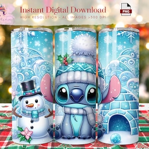 May include: A blue and white winter-themed tumbler featuring a cartoon Stitch character wearing a blue and white hat and scarf. The background includes a snowman and an igloo.