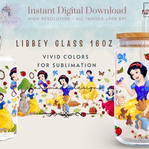 Princess 16oz Libbey Glass Can Wrap ~ Cartoon Princess 16 oz Tumbler Wrap ~ Dwarfs PNG~ Glass Can Sublimation Design ~ Tumbler Wrap Digital