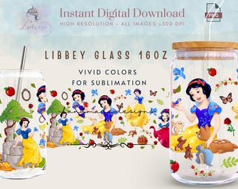 Princess 16oz Libbey Glass Can Wrap ~ Cartoon Princess 16 oz Tumbler Wrap ~ Dwarfs PNG~ Glass Can Sublimation Design ~ Tumbler Wrap Digital