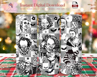 Envoltorio para vaso de Halloween Horror de 20 oz, PNG de películas de terror vintage, envoltorio delgado para vaso, blanco y negro, diseño espeluznante, sublimación digital