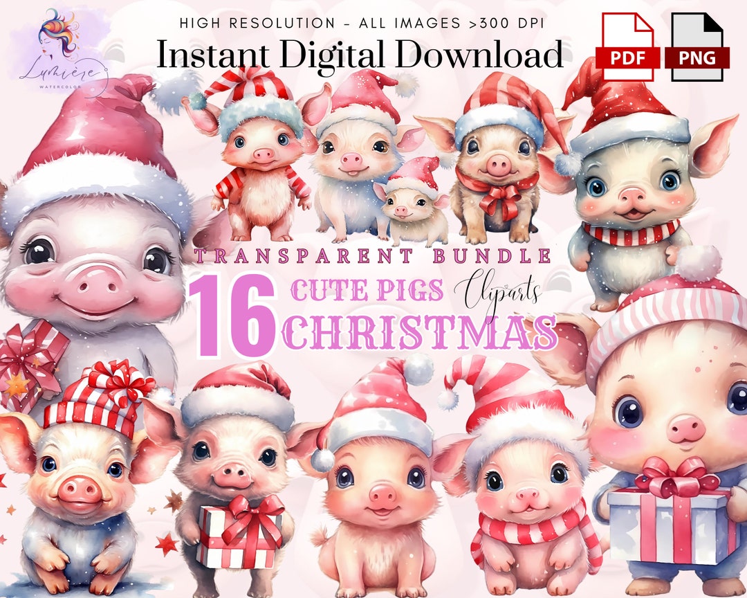 Christmas Pig Clipart ~ 16 Watercolor Cute Pigs PNG ~ Marry Christmas ...