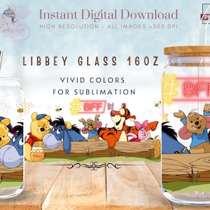 Cartoon Bear 16oz Libbey Glass Can Wrap ~ Cartoon Character 16 oz Tumbler Wrap ~ Best Friends ~ Glass Can Sublimation Design ~ Digital