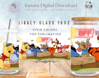 Cartoon Bear 16oz Libbey Glass Can Wrap ~ Cartoon Character 16 oz Tumbler Wrap ~ Best Friends ~ Glass Can Sublimation Design ~ Digital