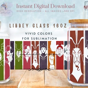 Villains 16oz Libbey Glass Can Wrap ~ Halloween Villains 16 oz Tumbler Wrap ~ Bad Witches ~ Glass Can Sublimation Design ~ Digital