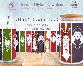 Emballage pour boîte en verre Libbey 16 oz Villains ~ Emballage pour gobelet 16 oz Halloween Villains ~ Bad Witches ~ Design par sublimation de canette en verre ~ Numérique