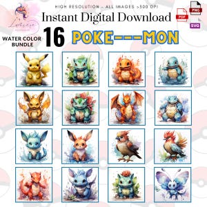 Paquete de impresiones digitales de arte divertido con acuarela ~ 16 obras de arte originales ~ Alta calidad >300 ppp ~ Pika Png ~ Decoración de guardería ~ con fondo ~ Digital