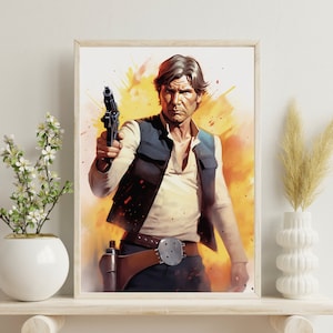 May include: Framed art print featuring a stylized illustration of a man holding a blaster pistol. The artwork depicts a character in a white shirt, navy vest, and brown belt, set against a vibrant yellow and orange background. The print is displayed in a light-colored wooden frame.