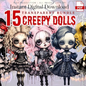 Halloween Dolls ClipArt~ 15 Watercolor Creepy Dolls Characters PNG~ Horror Dolls ~ High quality transparent PNG~ Halloween Decor~ Digital