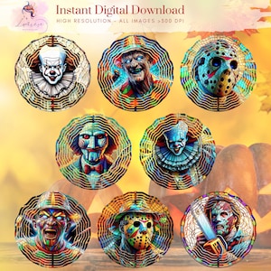 May include: A collection of digital downloads featuring horror movie characters. Each design is a circular illustration with intricate, layered details. The characters include a clown, a scarecrow, and figures with masks and weapons. Text at the top reads "Instant Digital Download".
