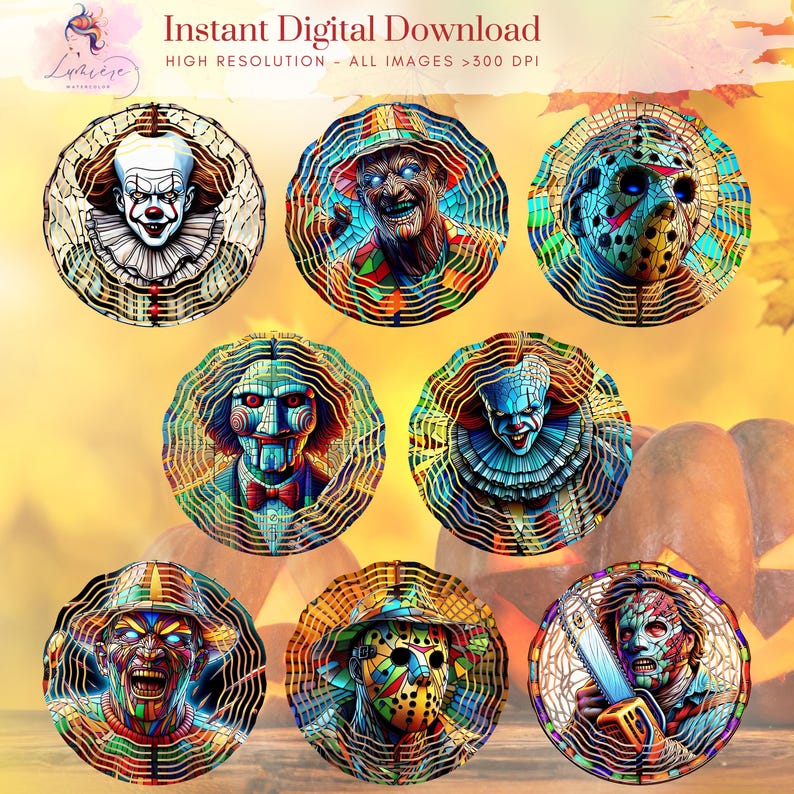 May include: A collection of digital downloads featuring horror movie characters. Each design is a circular illustration with intricate, layered details. The characters include a clown, a scarecrow, and figures with masks and weapons. Text at the top reads "Instant Digital Download".