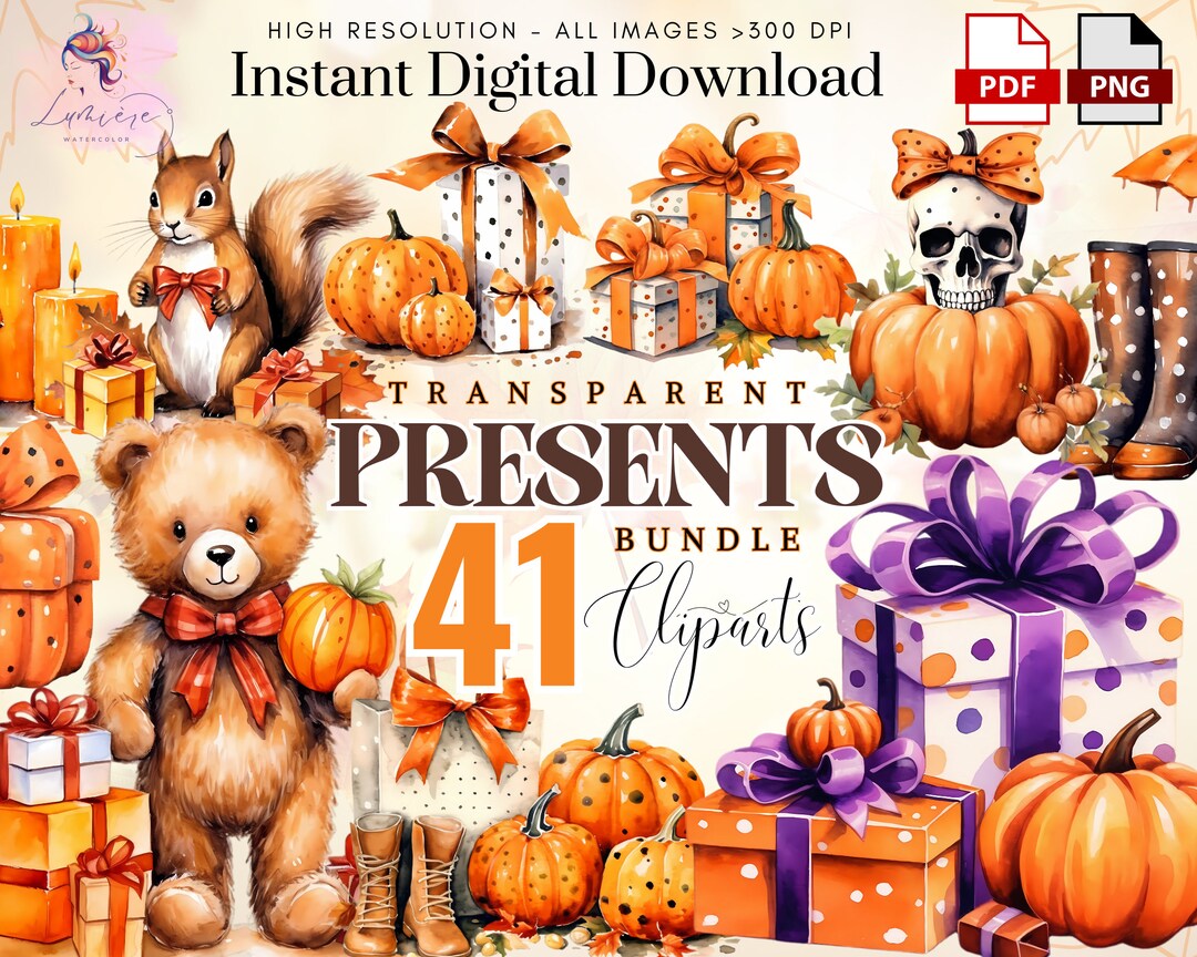 Fall Present Clipart~ 41 Watercolor Fall Present Png~ Autumn Gift ...