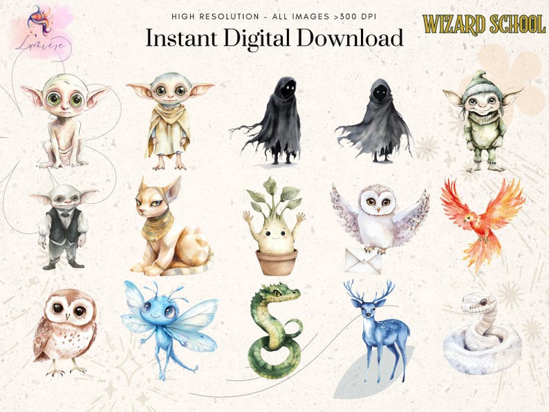 May include: A set of 12 watercolor illustrations featuring magical creatures, including a house elf, a cat, a mandrake, an owl, a fairy, a snake, a deer, a snake, a phoenix, a goblin, a ghost, and a goblin. The illustrations are perfect for use in digital scrapbooking, card making, and other creative projects.