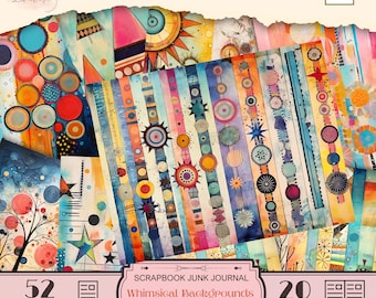 Puede incluir: Un conjunto de 72 papeles digitales para scrapbooking con fondos caprichosos con círculos, estrellas y rayas de colores. Los papeles son imprimibles en tamaño carta de EE. UU. y son perfectos para el diario de chatarra, la elaboración de tarjetas y otras manualidades de papel.