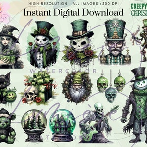 Op de afbeelding: Een digitale downloadset van 12 griezelige kerst-illustraties met een heks, een skelet, een sneeuwpop, een notenkraker, een kabouter, een schedel, een sneeuwbol, een teddybeer en een skelet dat gitaar speelt. De illustraties zijn in aquarelstijl en hebben een groen-zwart kleurenschema.