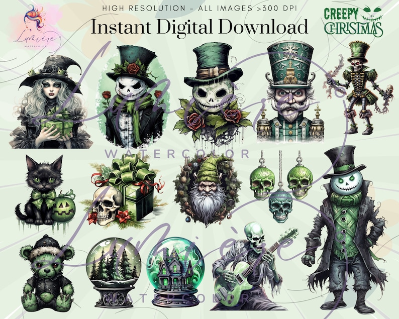 Op de afbeelding: Een digitale downloadset van 12 griezelige kerst-illustraties met een heks, een skelet, een sneeuwpop, een notenkraker, een kabouter, een schedel, een sneeuwbol, een teddybeer en een skelet dat gitaar speelt. De illustraties zijn in aquarelstijl en hebben een groen-zwart kleurenschema.