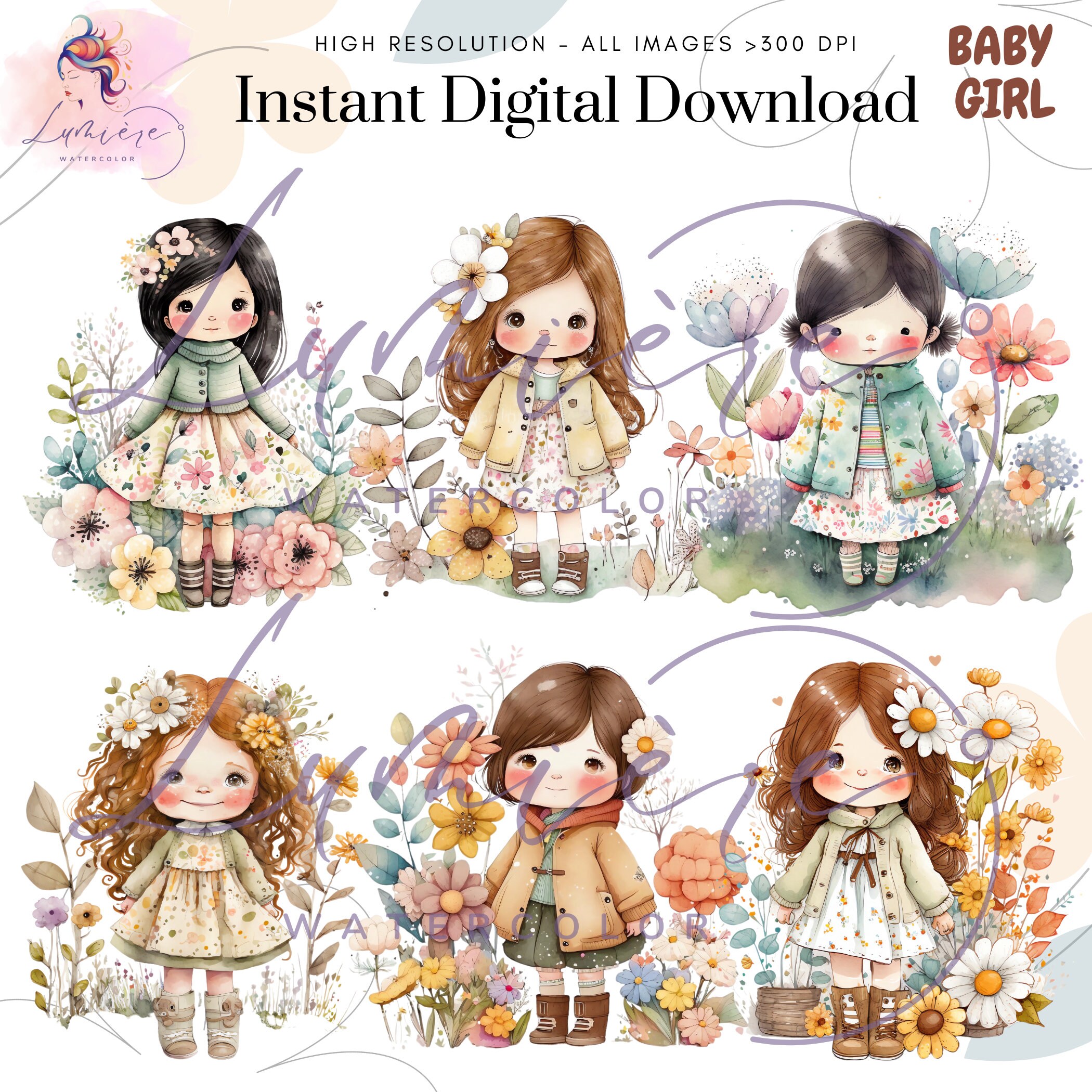 Watercolor Chibi Baby Girl Clipart Set: Nursery Decor, 24 PNG Images ...