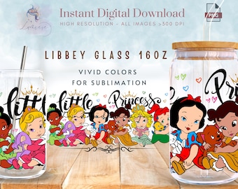 Kleine Prinzessin 16 Unzen Libbey Glasdosenverpackung ~ süße Cartoon Prinzessin Tumbler Wrap PNG ~ Glasdosen Sublimationsdesign ~ Tumbler Wrap Digital
