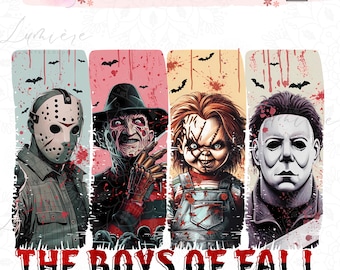 May include: Digital artwork featuring four horror movie characters: Jason Voorhees, Freddy Krueger, Chucky, and Michael Myers. The phrase "THE BOYS OF FALL" is displayed in bold, black letters. Bats and blood splatter accents the design.