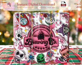 May include: Three stainless steel tumblers with a pink and white design featuring characters and text from "The Nightmare Before Christmas." The tumblers have a pink "Brewing Co." logo and various character illustrations.