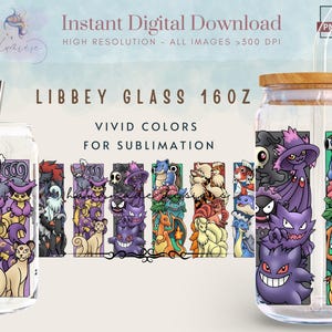 Può includere: Bicchiere Libbey trasparente con coperchio in legno, progettato per la sublimazione. Il bicchiere presenta un design colorato di vari personaggi dei cartoni animati. È visibile anche il testo "LIBBEY GLASS 16 OZ" e "VIVID COLORS FOR SUBLIMATION".