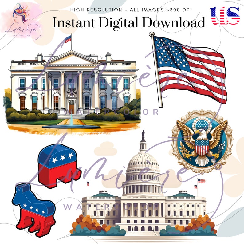 K&ouml;nnte beinhalten: Eine digitale Illustration amerikanischer patriotischer Symbole, darunter das Wei&szlig;e Haus, das Kapitol, die amerikanische Flagge, ein Wei&szlig;kopfseeadler sowie Esel- und Elefanten-Symbole der politischen Parteien. Der Text "Sofortiger digitaler Download" ist im Bild enthalten.