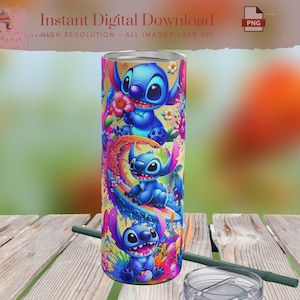 May include: A tall, cylindrical tumbler featuring a vibrant design of the character Stitch from Lilo & Stitch. The tumbler is adorned with colorful illustrations of Stitch in various poses, set against a background of flowers and a rainbow. The text "Instant Digital Download" is visible.