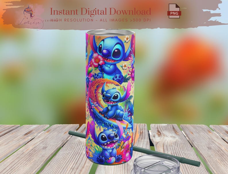 May include: A tall, cylindrical tumbler featuring a vibrant design of the character Stitch from Lilo & Stitch. The tumbler is adorned with colorful illustrations of Stitch in various poses, set against a background of flowers and a rainbow. The text "Instant Digital Download" is visible.