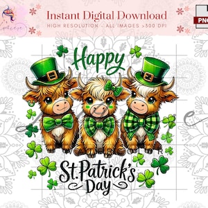 May include: Three cartoon Highland cows wearing green hats and bow ties with shamrocks and the text "Happy St. Patrick's Day".