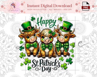 Saint Patricks Day cow Png ~ Happy St. Patricks Day PNG~ Highland Cow PNG ~ St Patricks Day shirt ~ Saint Patty's Printable Design ~ Digital