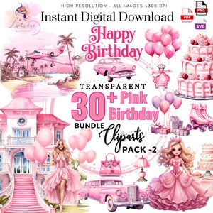 Compleanno bambola Clipart ~ Set di 30+ B-Doll Fashion ~ Accessori rosa ~ Clipart digitale ~ PNG SVG trasparente e di alta qualità ~ Download istantaneo