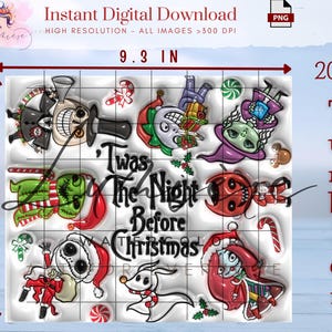 Puede incluir: Dise&ntilde;o digital para un vaso de 20 oz, con personajes de "Pesadilla antes de Navidad". El dise&ntilde;o incluye el texto "Twas The Night Before Christmas" y mide 23,6 cm por 20,8 cm.