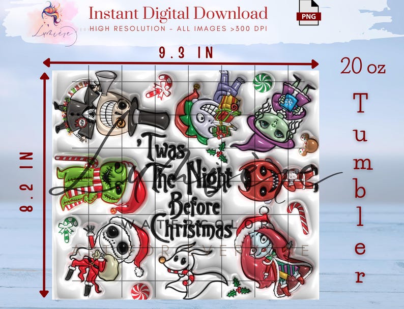 Puede incluir: Dise&ntilde;o digital para un vaso de 20 oz, con personajes de "Pesadilla antes de Navidad". El dise&ntilde;o incluye el texto "Twas The Night Before Christmas" y mide 23,6 cm por 20,8 cm.