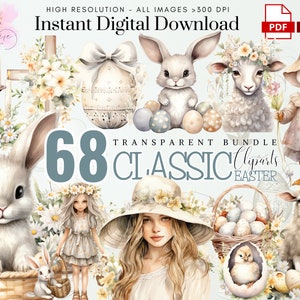 Puede incluir: Un conjunto de 68 ilustraciones de clipart clásicas de Pascua. Las ilustraciones incluyen un conejo, un cordero, un pollito, una niña con una corona de flores, una niña con un sombrero, huevos, cestas y flores. Las ilustraciones están en un estilo de acuarela y son perfectas para crear tarjetas de Pascua, invitaciones y otras manualidades.