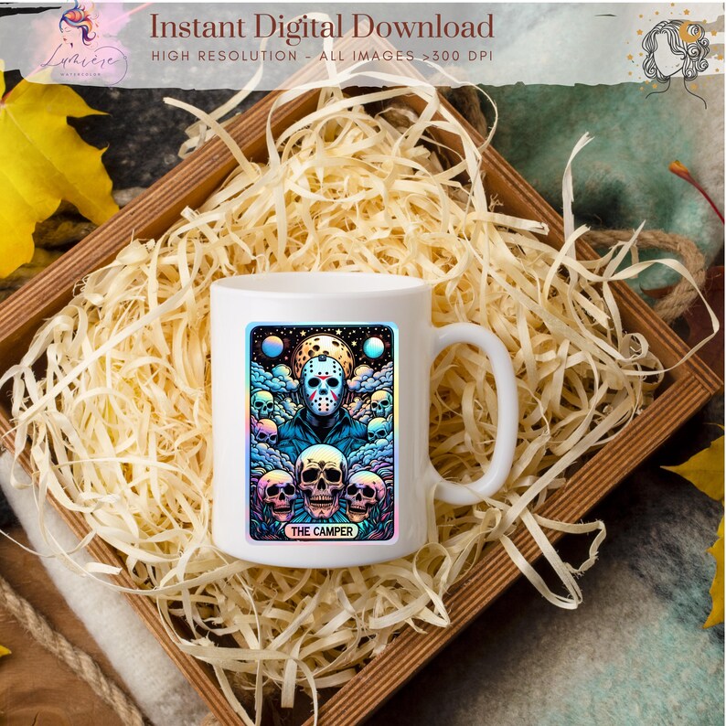 May include: White ceramic mug featuring a colorful graphic of a masked figure surrounded by skulls, with the text "THE CAMPER." The mug is set in a wooden box filled with wood shavings. The image also includes the text "Instant Digital Download" and "High Resolution - All Images >300 DPI."