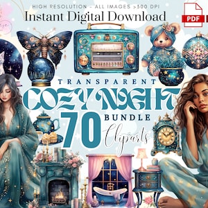 Retro Cozy Night ClipArt~ 70 Watercolor Cozy Night ONG~ Home-living Goods Png~ Night Sky Png~ High Quality Transparent PNG~ Digital Crafts