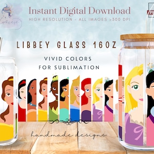 Princess 16oz Libbey Glass Can Wrap ~ Cartoon Princess 16 oz Tumbler Wrap ~ Summer Vibes ~ Glass Can Sublimation Design ~ Digital