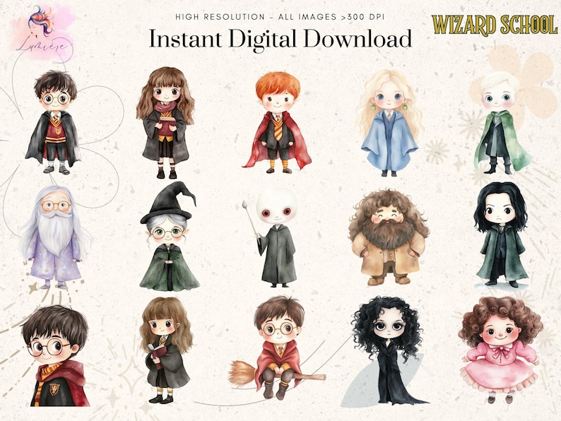 May include: A set of 14 watercolor illustrations of characters from the Harry Potter series. The characters are depicted in a whimsical style, with bright colors and expressive features. The illustrations are perfect for use in digital scrapbooking, card making, and other creative projects.