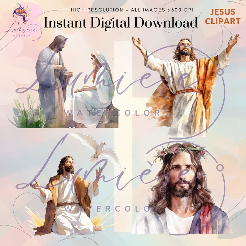 Christian Clipart Bundle~ 20 Transparent Watercolor Jesus PNG ...