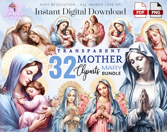 May include: A digital download of 32 transparent clipart images of the Virgin Mary. The images feature various depictions of Mary, including her with the baby Jesus, praying, and with other figures. The images are high resolution and perfect for crafting, scrapbooking, and other creative projects.