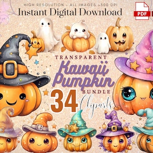 Pumpkin Clipart~ 34 Watercolor Kawaii Pumpkin~ Cute Ghost~ Fall Decor~ Halloween ~ Scrapbook~ High Quality Transparent PNG~ Instant Download