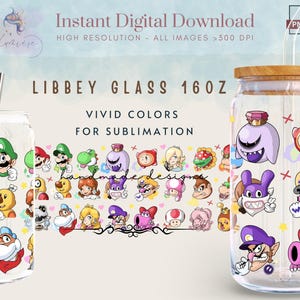 May include: Clear Libbey glass with a wooden lid, featuring colorful cartoon character designs. The glass is 16 oz. and includes a stainless steel straw. The design is intended for sublimation.