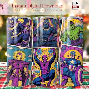 Envoltura para vaso de superhéroes de 20 oz ~ Vaso delgado PNG ~ Envoltura para vaso con carta del Tarot rosa ~ Diseño imprimible de superhéroes ~ Digital ~ Sublimación