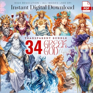 Greek Gods  Clipart~ 34 Watercolor Greek Gods and Goddesss PNG ~ Greek Mythology PNG ~ Zeus ~ High quality Transparent PNG ~ Digital Craft
