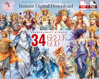 Greek Gods  Clipart~ 34 Watercolor Greek Gods and Goddesss PNG ~ Greek Mythology PNG ~ Zeus ~ High quality Transparent PNG ~ Digital Craft
