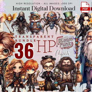 May include: A set of 36 digital clipart images featuring characters from the Harry Potter series in a steampunk style. The characters are depicted in a cartoon style with intricate details and vibrant colors. The clipart includes characters like Harry Potter, Hermione Granger, Ron Weasley, and Dumbledore.
