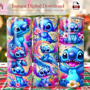 May include: Three stainless steel tumblers feature a vibrant design of the character Stitch from Lilo & Stitch. The tumblers showcase Stitch in various poses, surrounded by colorful flowers and a rainbow background. Text on the image reads "Instant Digital Download".