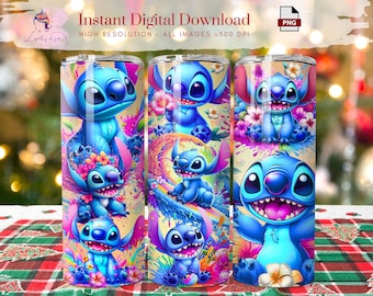 Cartoon Magical Sti-Tch 20oz Tumbler Wrap ~ Skinny Tumbler Wrap ~ Kids Tumbler PNG ~ Vibrant Cartoon Character ~ Sublimation Design ~Digital