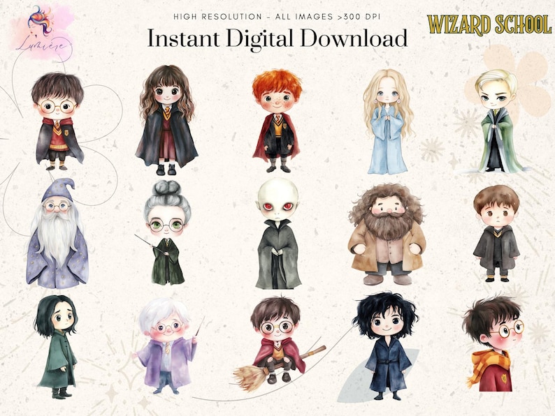 May include: Digital clipart set of 14 watercolor illustrations of Harry Potter characters. The characters are depicted in a cartoon style with large eyes and bright colors. The set includes Harry Potter, Ron Weasley, Hermione Granger, Draco Malfoy, Neville Longbottom, Luna Lovegood, Ginny Weasley, Albus Dumbledore, Severus Snape, Rubeus Hagrid,  and more.