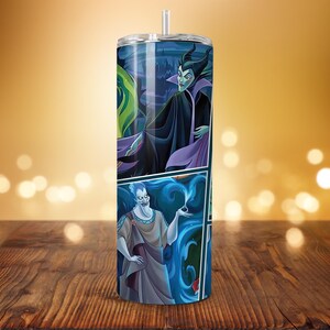 May include: A stainless steel tumbler with a colorful design featuring characters from Disney's animated films. The design includes Maleficent from Sleeping Beauty, Hades from Hercules, and Ursula from The Little Mermaid.